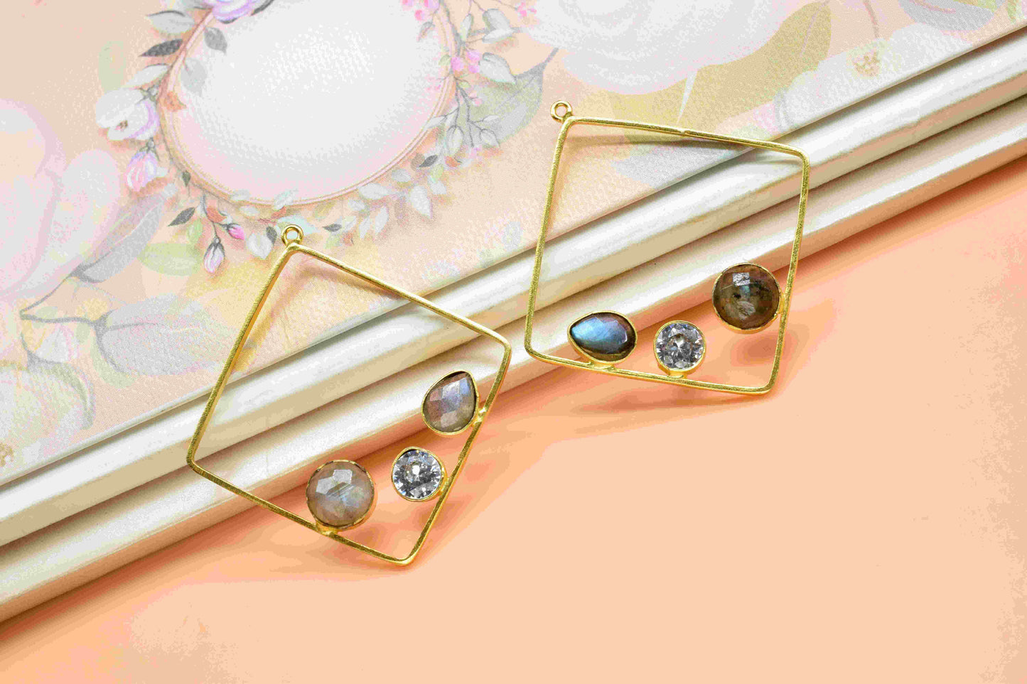 Labradorite Gemstone Component Square Shape Single Bail Charm,Labradorite 32mm Connector Pendants,Single Loop Connectors,Labradorite Jewelry