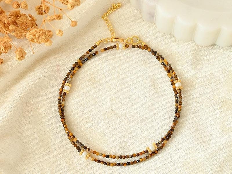Tiger Eye 2MM Bead Necklace,Handmade Tiger Eye Beaded Necklace,Gift for her,gemstone choker, short necklace,Minimalist Choker, Healing gift