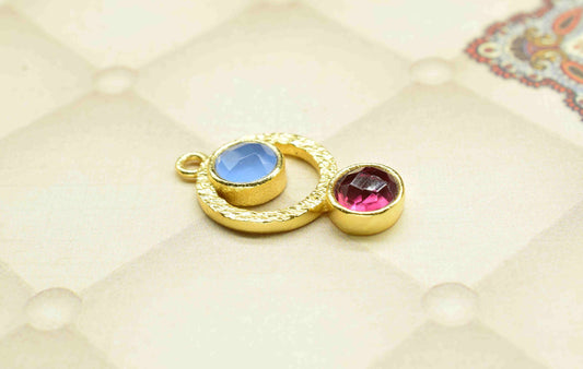 Blue Chalcedony Pendant , Single Bail Charm ,Pink Tourmaline Connector Pendant ,Gold Plated Connectors ,Single Bail Gemstone Connector Charm