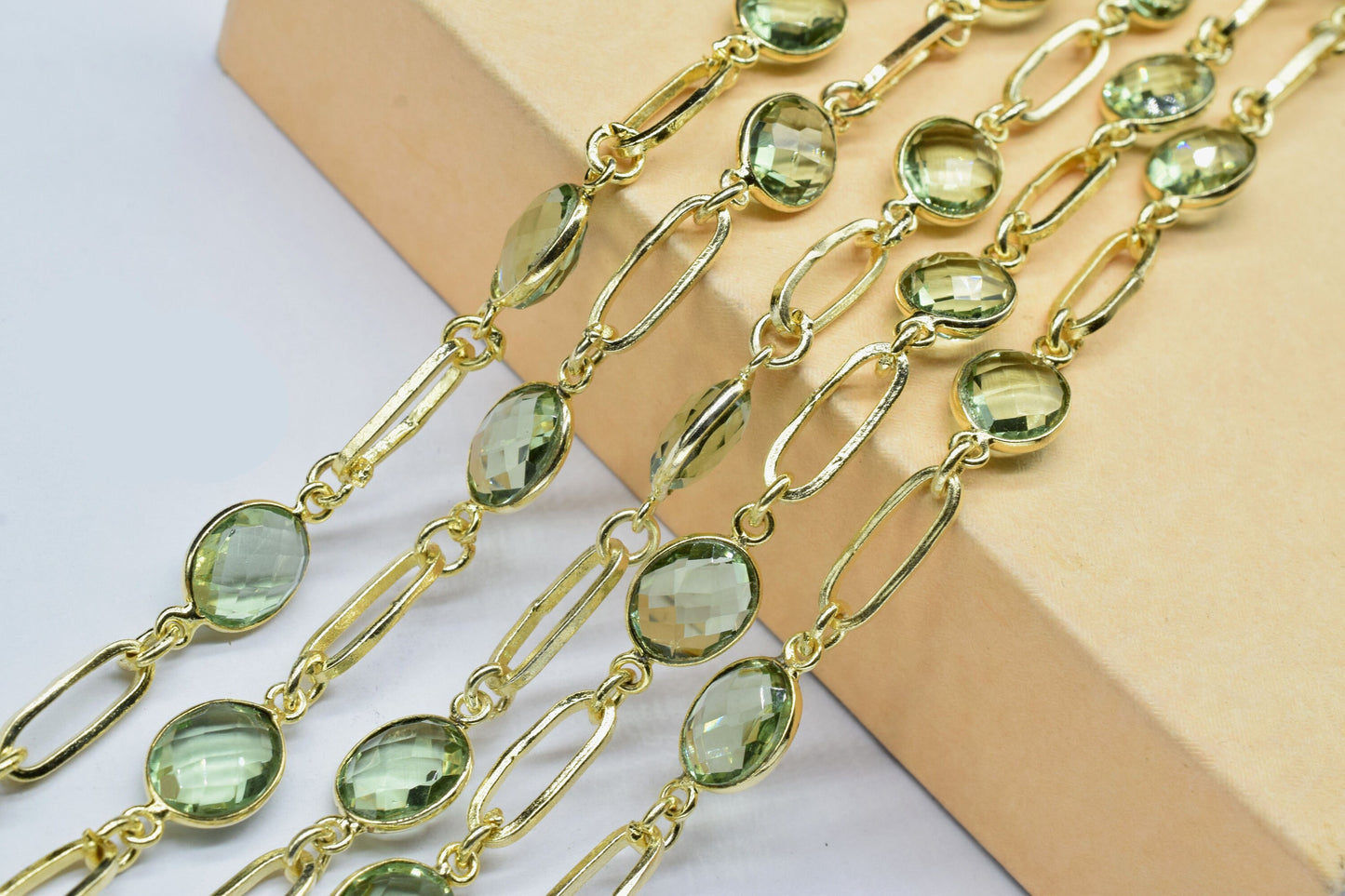 Green Amethyst link Chain,Green amethyst Bezel Chain,Amethyst Craft Rosary Connectors Chain,Jewelry, Brass Gold Plated Wire Wrap Chain