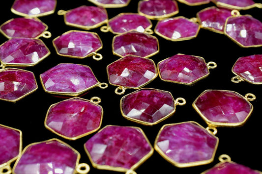 Ruby 16mm Hexagon Shape Pendant,Faceted Hexagon Shape Gemstone Bezel,Hexagon Charm Pendants,Gold Plated Single Bail Gemstone Connector