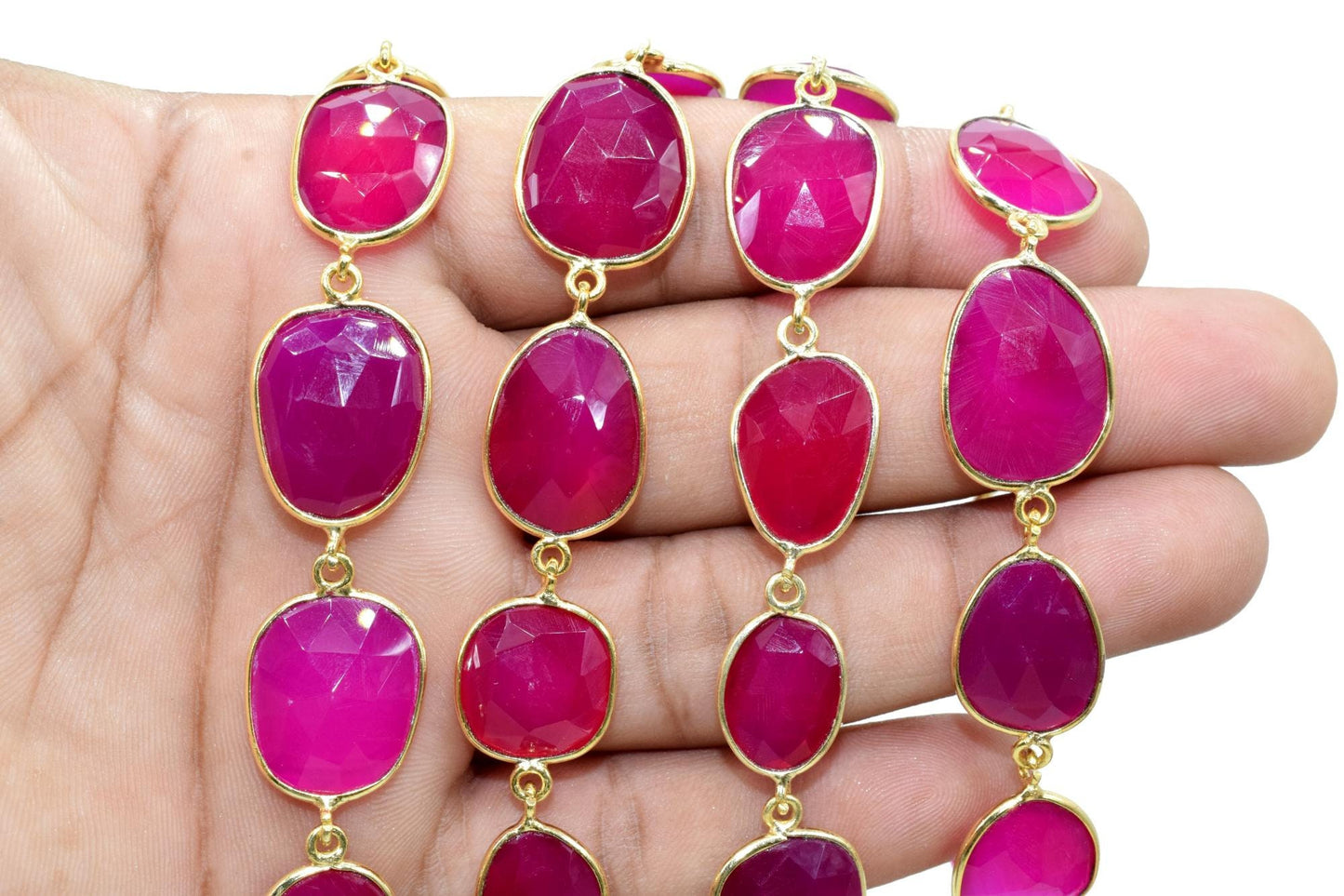 Hot Pink Chalcedony Gold Plated Bezel Connector Chain,Pink Chalcedony connector chain,Free shape bezel connector chain,Bezel Station Chains