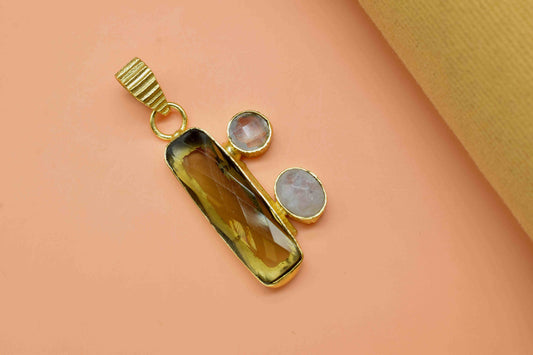 Multi Stone Pendant, Smoky Quartz Faceted Pendant, Multi Stone Smoky Quartz Jewelry, Gemstone Pendant,Loop Pendant Jewelry,Moonstone Jewelry
