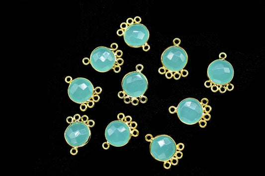 Aqua Chalcedony 10mm Round Bezel Charm/Gemstone Brass Component/Single Bail Pendant charms/Round Handmade Jewellery Connector/B'day Gift