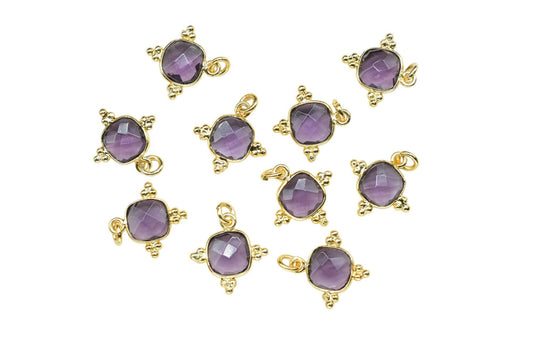 Amethyst Quartz 8mm Cushion Bezel charm/Station Bezel Link Supplies/Amethyst Jewelry Making/Square Pendant//Gemstone Connector Pendant,Gift