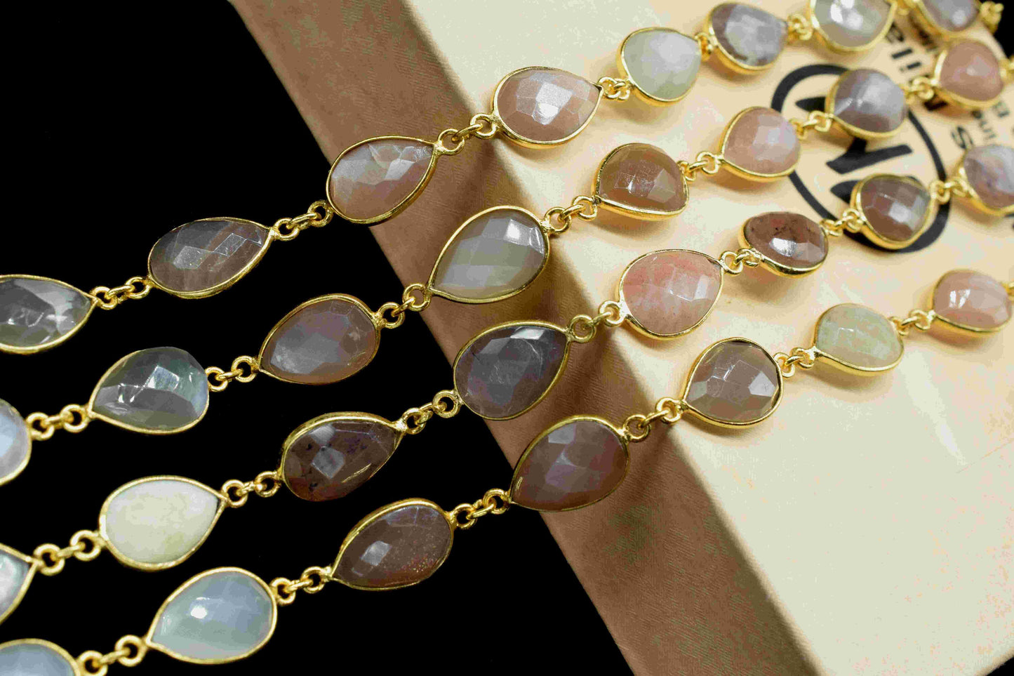 Multi Moonstone Bezels Chain,Moonstone 9x13mm Bezel,Gemstone Link Connector,Moonstone Faceted Brass Chain,Bezels Link Chain,Gemstone Jewelry