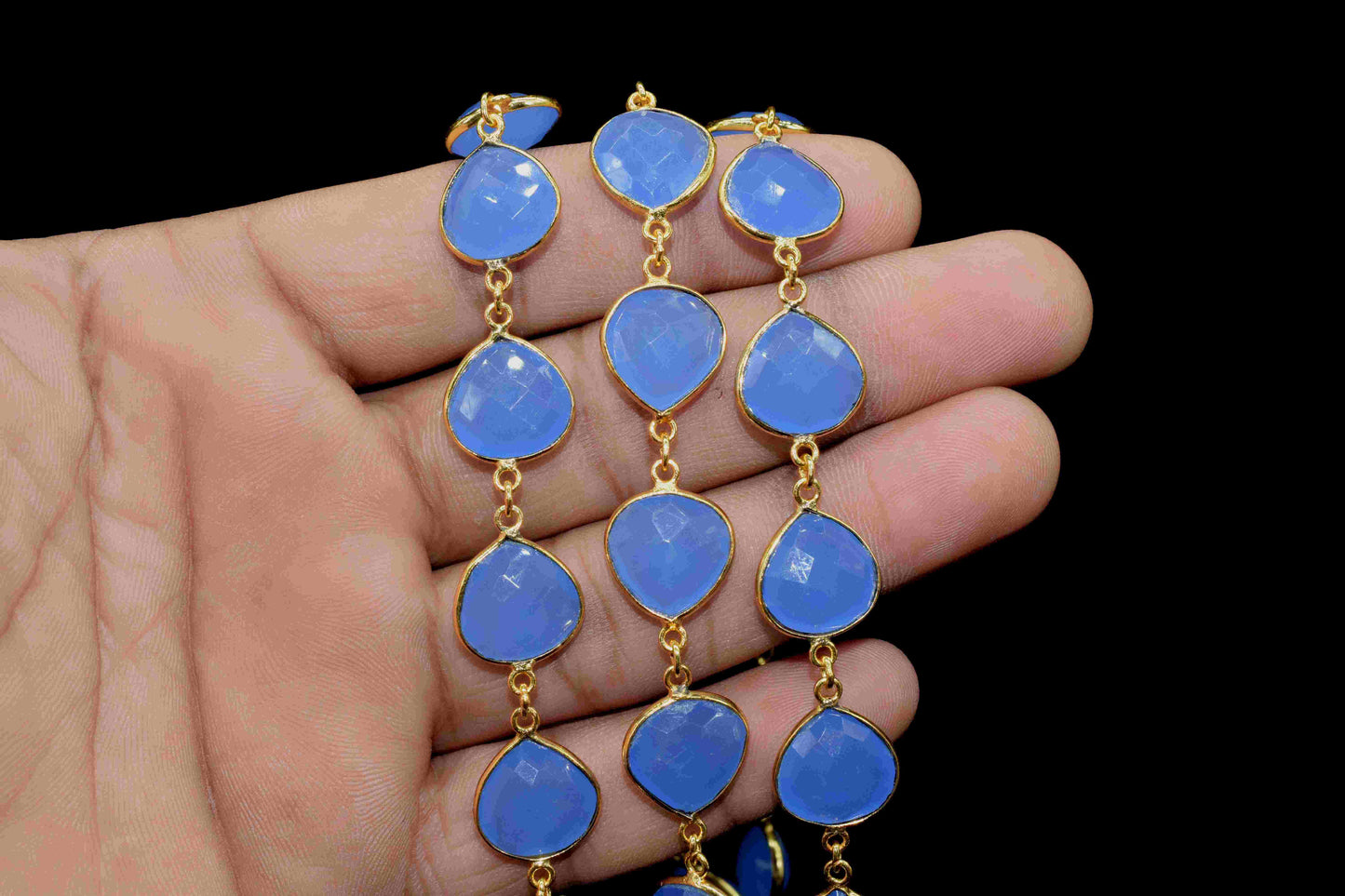 Blue Chalcedony Bezel Connector Chain, 12mm Heart Shape Faceted Gemstone Connector Chain, Chalcedony Connector Chain, Blue Quart Bezel Chain