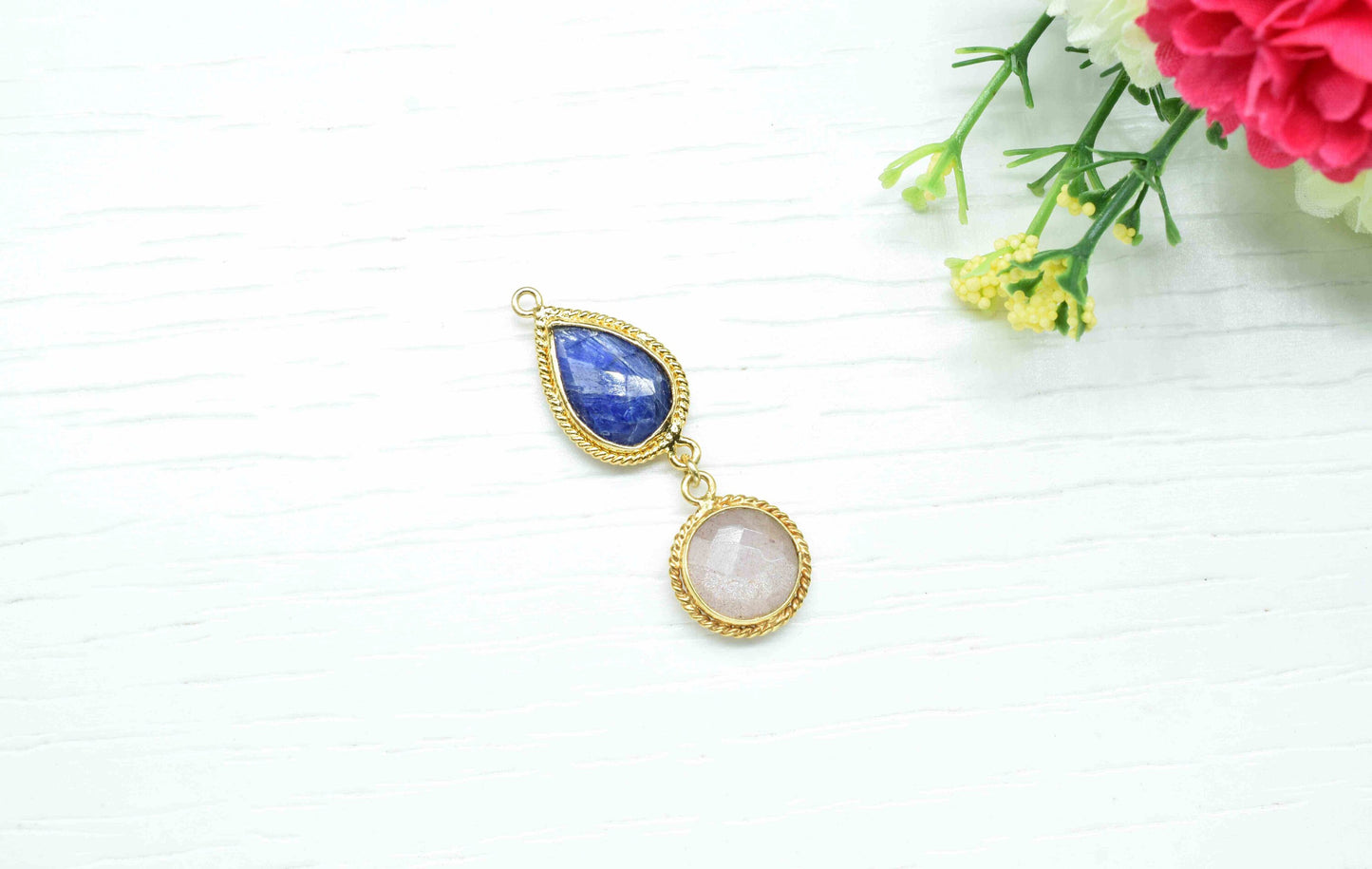 Sapphire Pendant Charms , Peach Moonstone Dangle Earring Component , Multi Gemstone Dangle Earring , Component Jewelry , B'day Gift