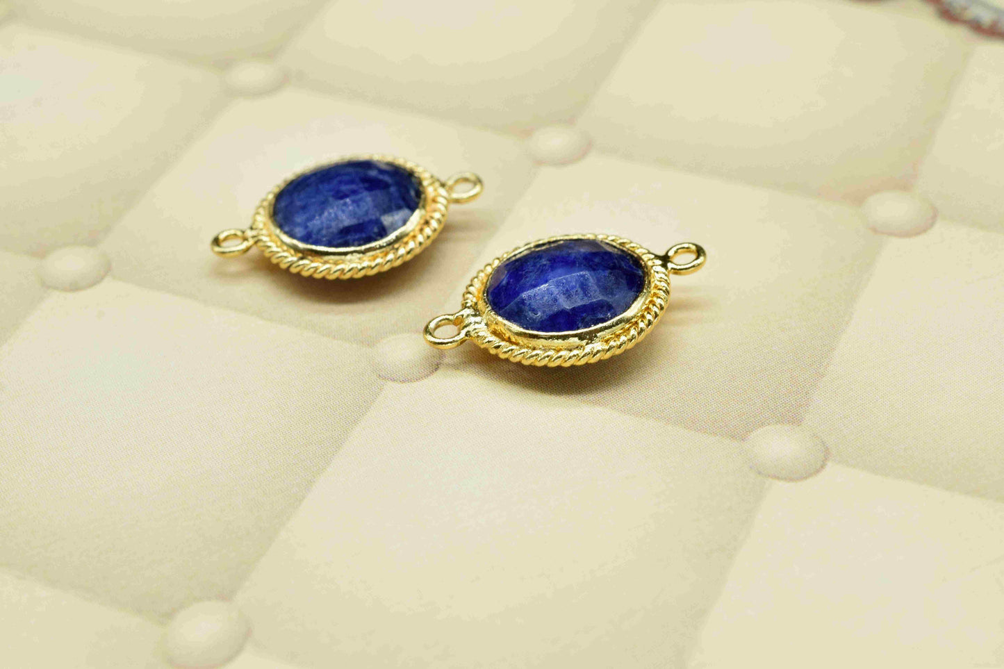 Blue Sapphire 10mm Round Shape Connector,Blue Sapphire Double Bail,Gold Plated Earring Connector,Pendant Findings,Blue Sapphire Stud Jewelry