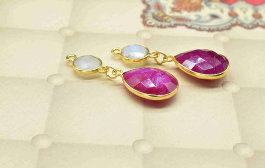 Moonstone Dangle pendant Charms,Multi Gemstone Dangle Earring,Ruby pendant Connectors,Handmade Station Bezel Link,Component Jewelry Gift For
