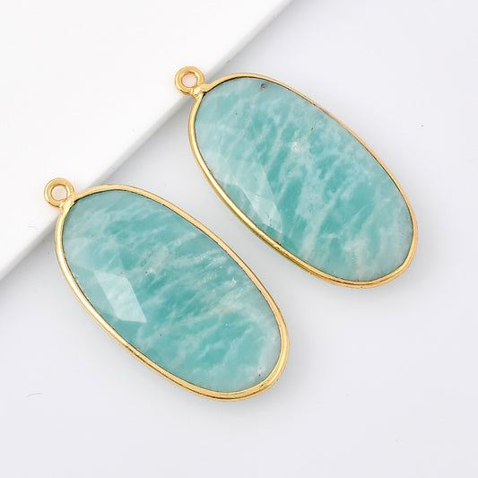 Amazonite 14x28mm Bezel Charm Pendant,Oval Shape Gold Plated bezel,Gold Vermeil Bezel,Amazonite jewelry making charm,Gold-Filled bezel charm