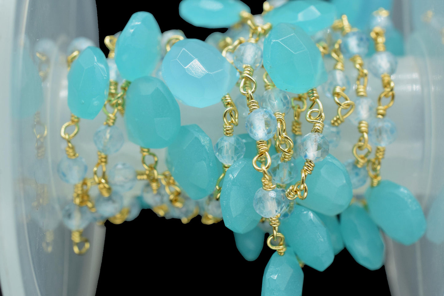 Aqua chalcedony,sky topaz Beaded & Heart shape Chain,Beaded Wire Wrapped Gemstone Beads,Faceted Rosary Chain,Gemstone rosary style chains
