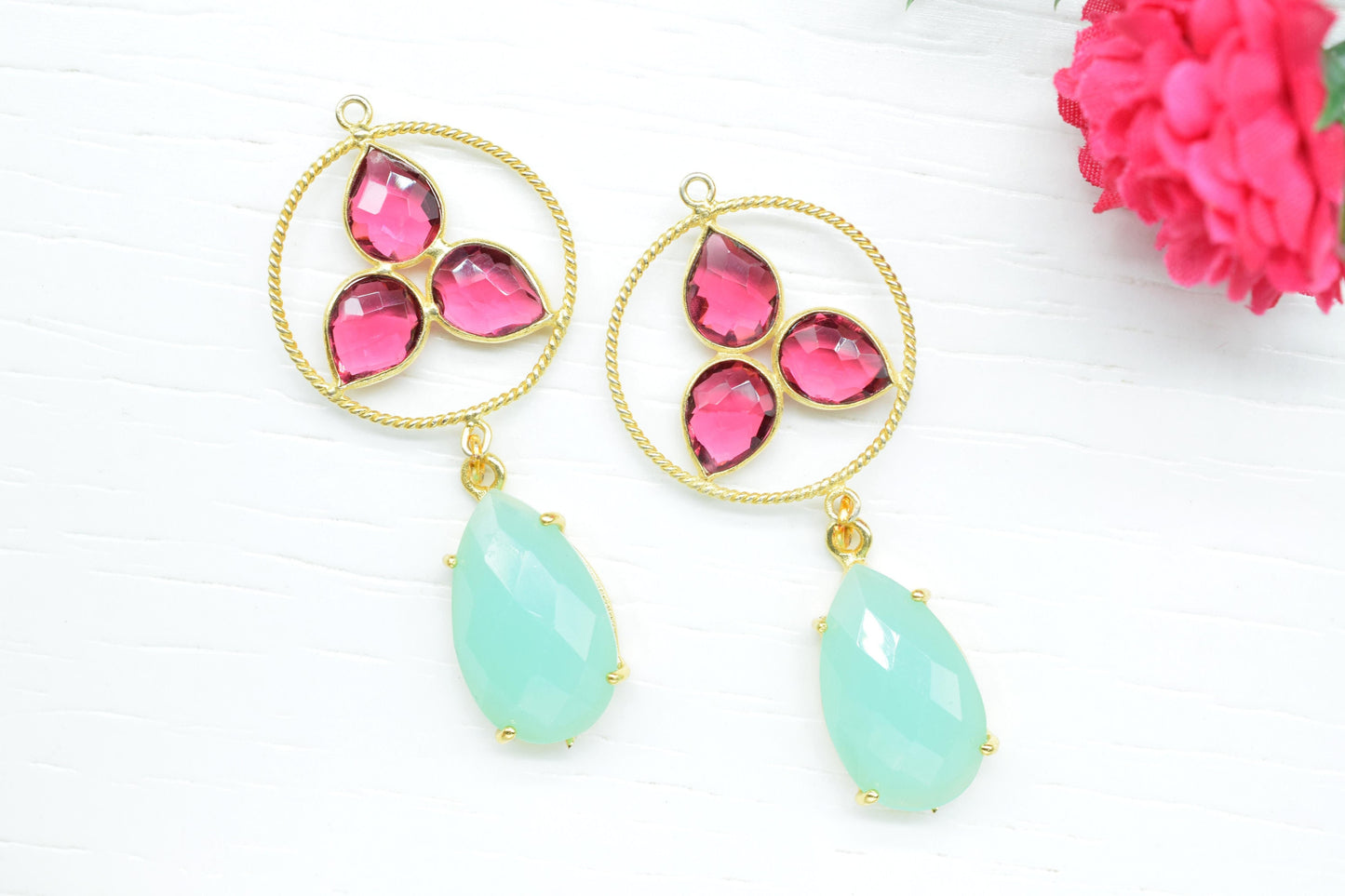 Pink Tourmaline Bezel Charms Connector/Aqua Chalcedony Prong Jewelry/Earring Connector/Station Bezel Link Pendant/Handmade Jewelry/Gift