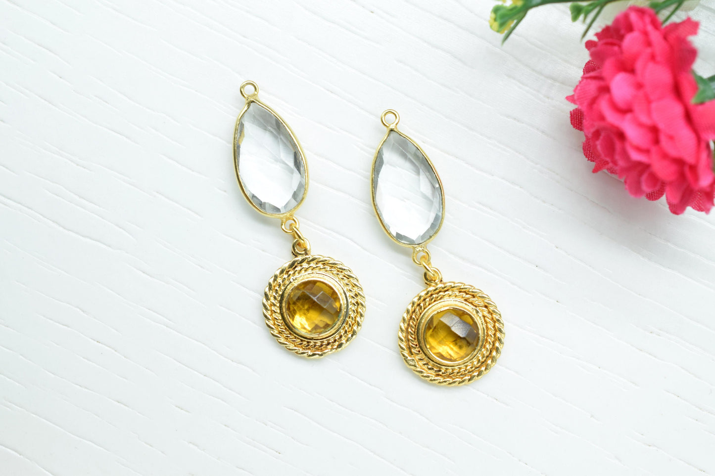 Crystal Quartz Bezel Charm /Multi Stone Pendant/Citrine Quartz Connector/Earring Connector Pendant/Station Bezel Link/Handmade Pendant/Gift