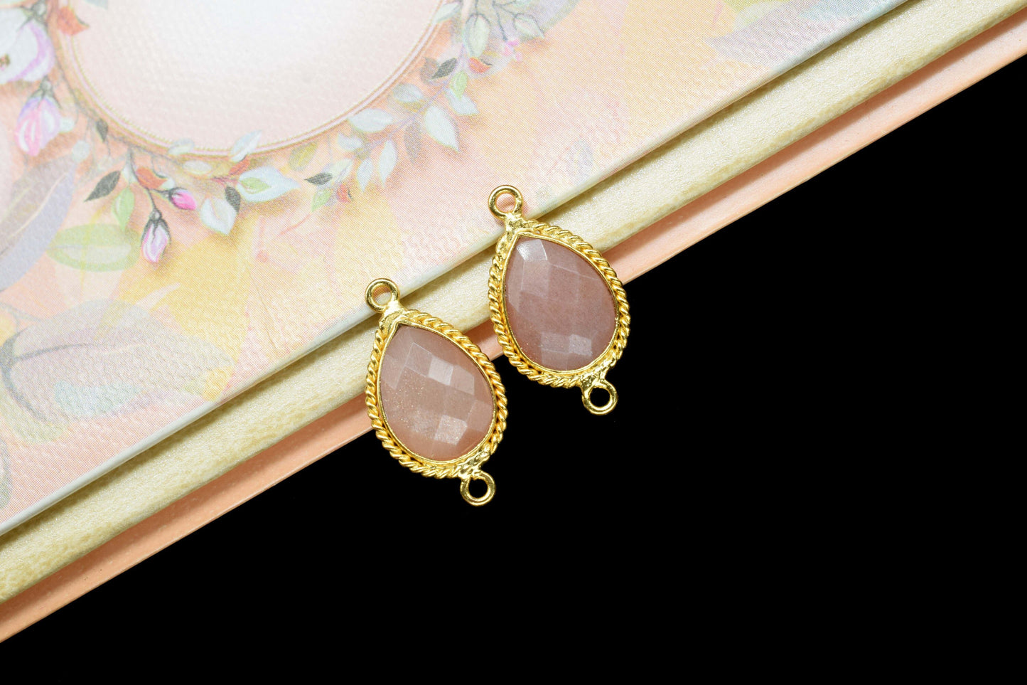 Peach Moonstone 10x14mm Teardrop Shape Charms Pendant,Peach Moonstone Double Bail Pendant Jewelry,Peach Gemstone Gold Plated bezel Jewelry
