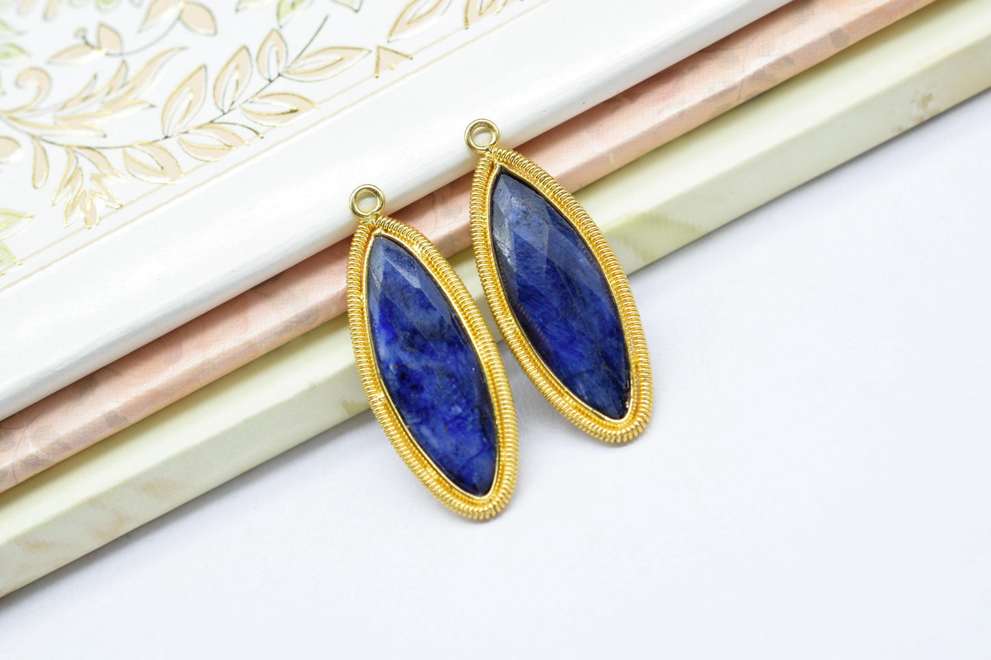 Blue Sapphire 10x30mm Bezel Charm,Gemstone connector,Marquise Shape Charm,Single Bail Pendant,Handmade Component Pendant,Sapphire Jewelry