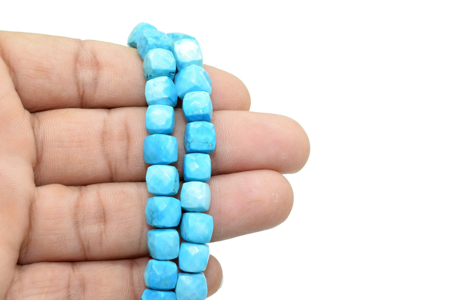 Copper Turquoise Faceted 7mm Cube Beads,Genuine Natural Blue Turquoise,Micro Faceted Laser Diamond Cut 8" Strand,Turquoise Rectangle Nuggets