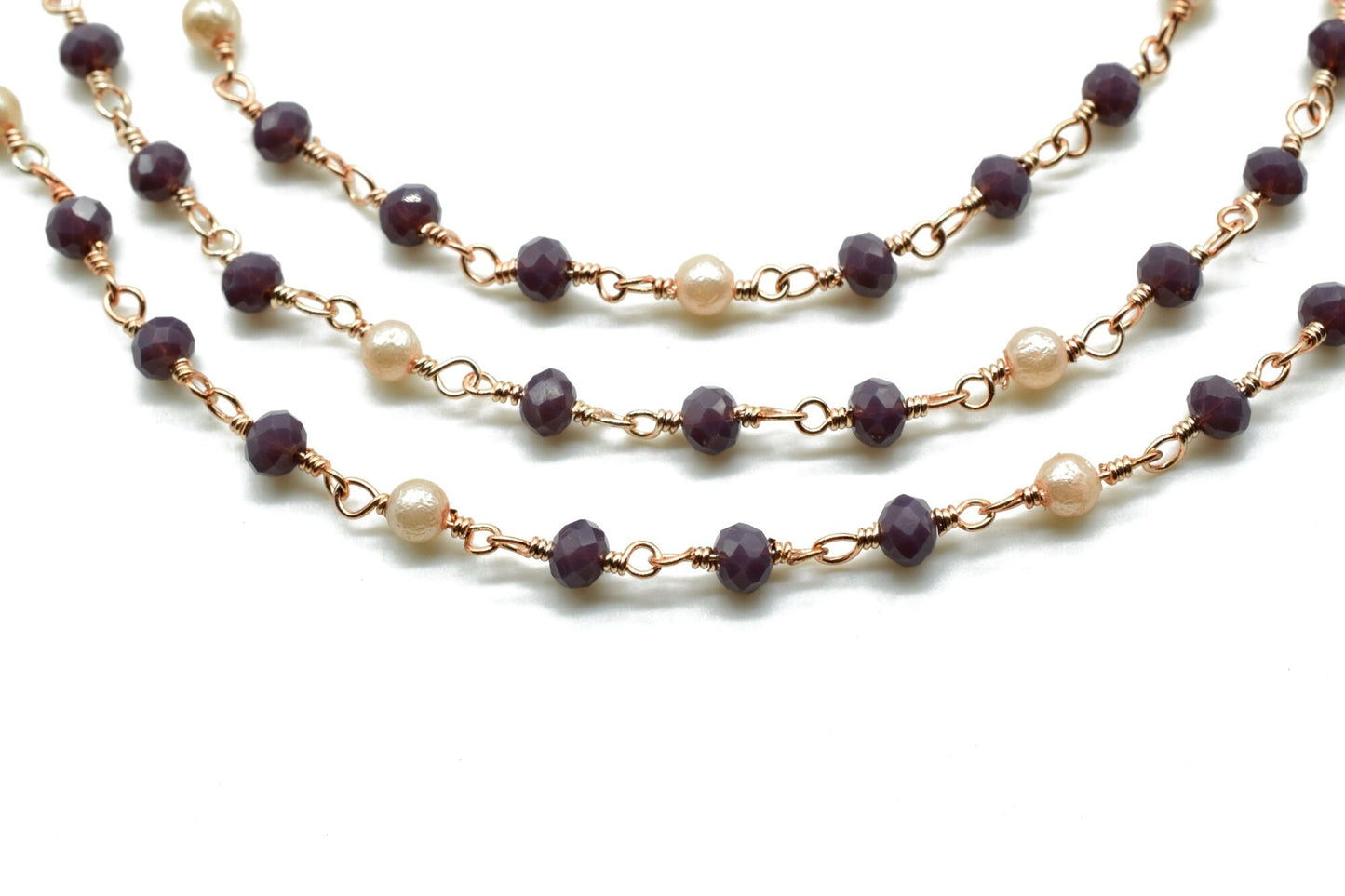 Lavender chalcedony Beaded Chain,pearl Rosary Chains,beaded Wire Wrap Chain,Lavender Brass chain,Jewelry Making ChainBlack chain,brass jewel