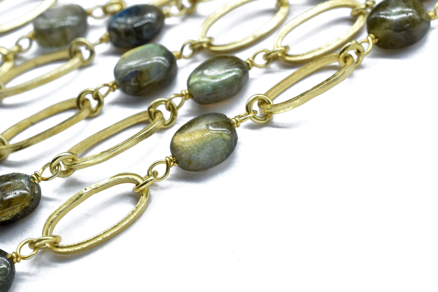 Labradorite Bezels Connector Chain, Jewelry making Supplies,Labradorite Faceted Nuggets Brass Gold Plated Wire Wrap Chain By the Foot