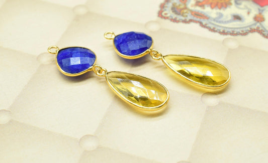 Multi Stone Dangle Component Earring,Handmade Connector,Blue Sapphire Pendant Charms,Gemstone Jewelry,Station Bezel Link,Pendant Connector