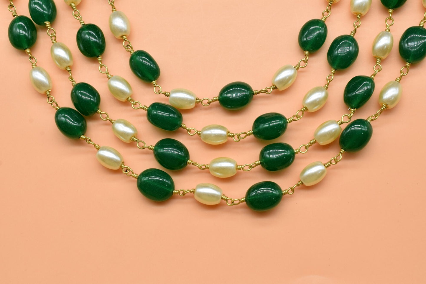 Bulk Chain, Pearl, Green Onyx Hydro Beads Rosary Chain, Gold Plating Wrapped Rosary Chain, Oval Gemstone rosary Chain, Pearl Beads Chain,