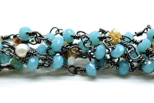 Peru Chalcedony 3mm Beaded Chain,Peru Chalcedony Wire Wrapped Chain,white pearl Brass chain,Jewelry Making Chain,Beaded rosary chain,rosary