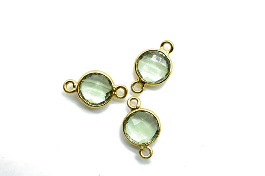 Natural Green Amethyst 8mm double loop connectors,Green Amethyst Pendant,Green Amethyst Round Gold Plated bezel,jewelry making charm, Brass