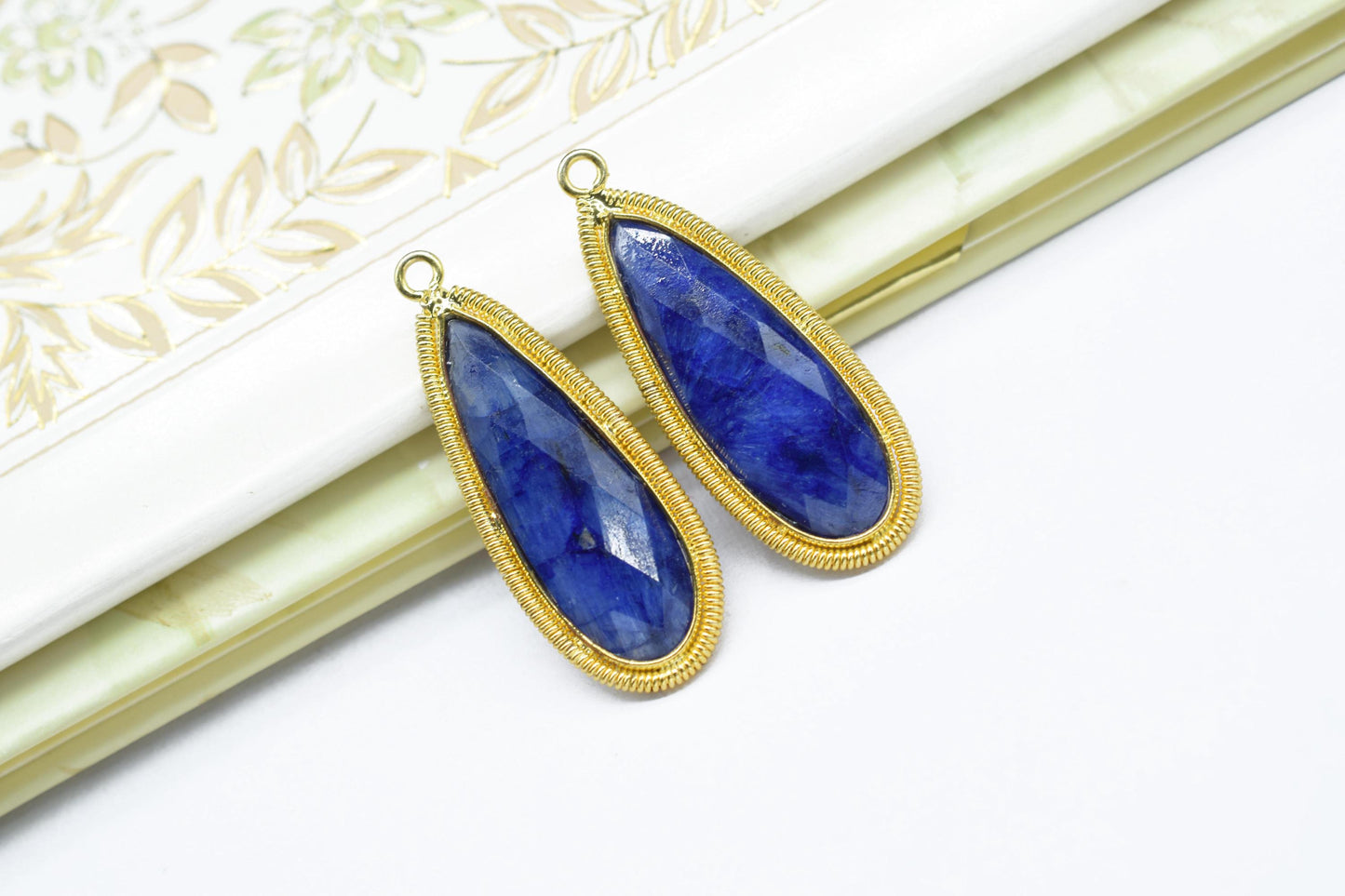 Blue Sapphire 10x30mm Charms,Gemstone Bezel connector,Single Bail Pendant Charm,Handmade pendant Jewelry,Teardrop Charms connector,Gift