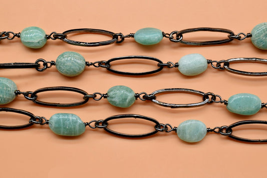 Amazonite connector link Chain, Natural Amazonite Bezel Chain, Amazonite Oval Shape Connector Chain,Amazonite Chain,Amazonite Fingding bezel