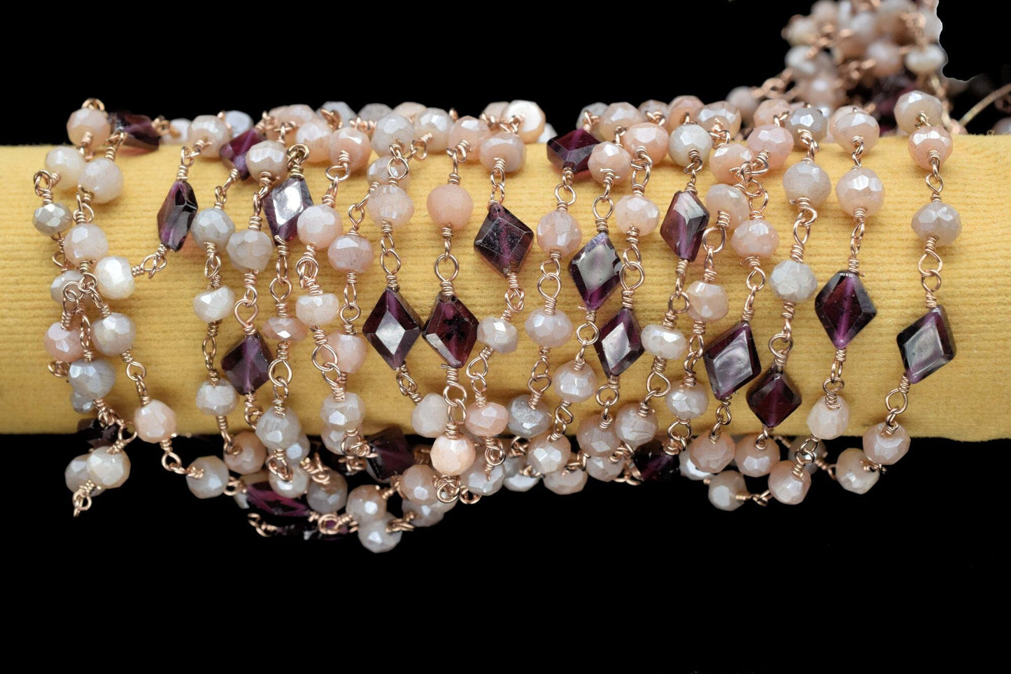 Chocolate/Peach Moonstone Gemstone Rosary Chain,3.5mm Faceted Beads, 24k Gold Plated Wire Wrapped Chain,garnet beaded chain,multi gemstone,