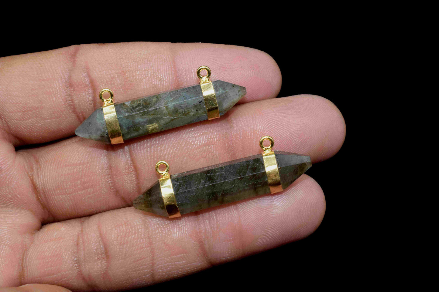 Labradorite 10x40mm Point Pendant,Double Bail Pendant with Electroplated Gold Band,Labradorite Bullet Pendant,Gemstone Double Bail Necklace