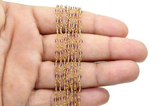 Amethyst 2mm Beaded Chain,Amethyst Rosary chain,Amethyst Gold Plated Wire Wrap Chain,Jewelry Making Chain,Gold chain,Amethyst vermeil chain