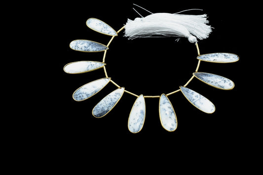 Dendrite Opal 10x30mm drilled Bezel charms ,Brass Gold Plated bezel,Teardrop Light Gold Bezel Trim Edge Faceted Gemstone,bezel strand