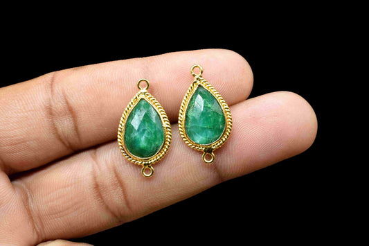Emerald 9x13mm Gemstone Connector,Pear Shape Bezel,Emerald Gemstone Single Bail Connectors Jewelry,Gold Plated Charms Connectors,Charms Gift