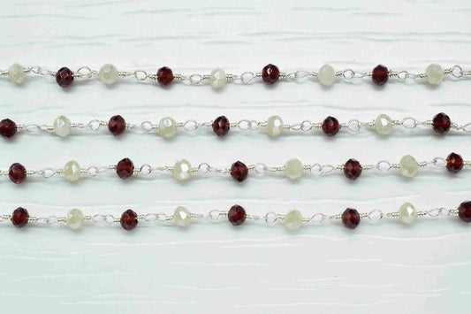 Garnet With White Chalcedony Beaded Chain,Wire Wrapped Rosary,Micro Beads chain,Handmade Rosary Jewelry Making,Multi Stone Rosary Chain,Gift