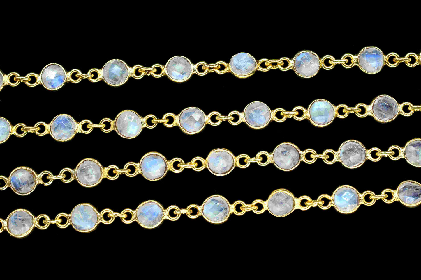 Rainbow Moonstone Bezel Chain Connector, Gold Plated Gemstone Chain, Bracelet Chain,Round Bezel Beads Rosary Chain,Rainbow Jewelry Connector