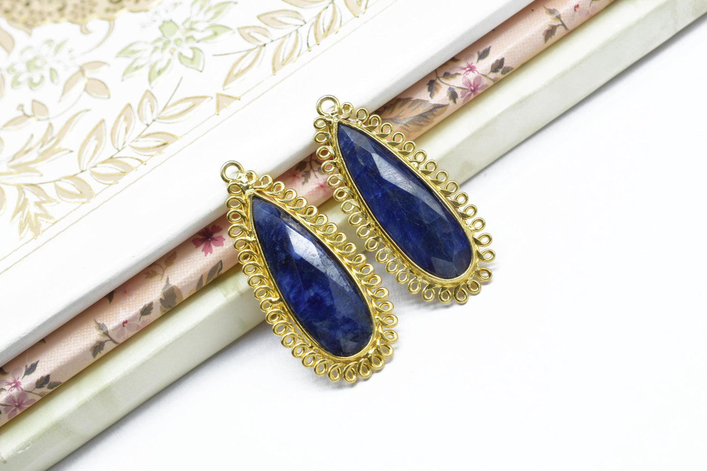 Blue Sapphire 10x30mm Teardrop Bezel Charm,Single Bail Pendant,Handmade Jewellery Connectors,Gemstone Brass Component,Handmade Connector,