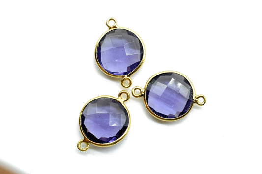 Amethyst 14mm Round double bail Connectors,Brass Gold Plated bezel,Amethyst Pendant,February Birthstone Coin Links,Jewelry Making Findings