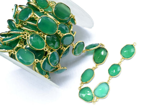 Green onyx Faceted Connectors,Gold Bezel Chain,Free Size Gemstone Connector,Handmade Station Bezel Link Chain,Green onyx Bezel Jewelry,Gift