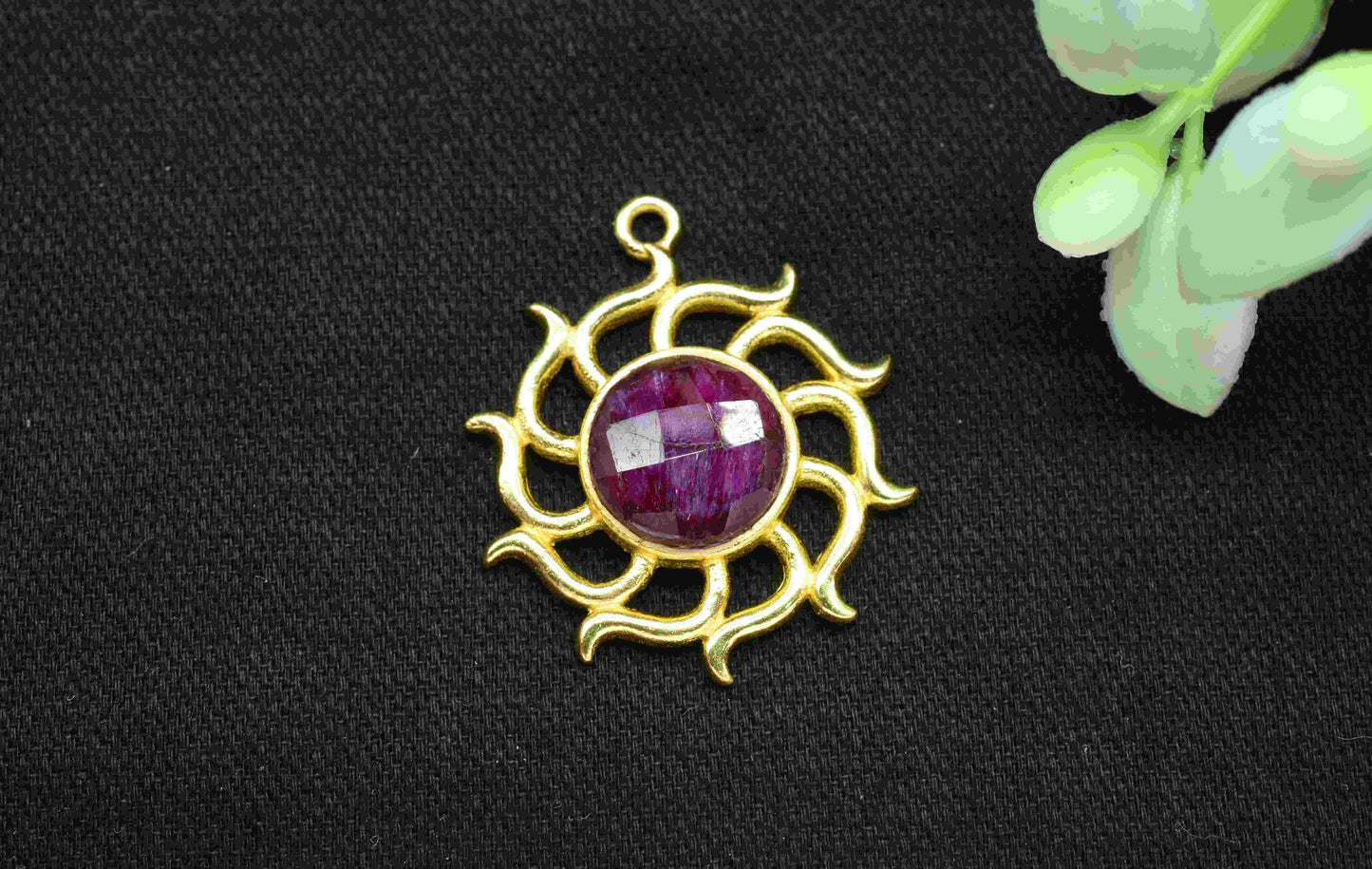 Ruby Gemstone Component, Single Bail Charm , Ruby Connector Pendant , Gold Plated Connectors , Earring Component , B'day Gift