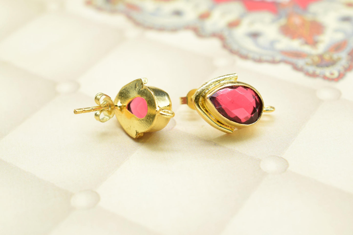Pink Tourmaline Studs Earring/Gold Plated Earring/Handmade Earring/Bezel Set Earring/Teardrop Earring/Women Jewelry/Connector Earring/Gift