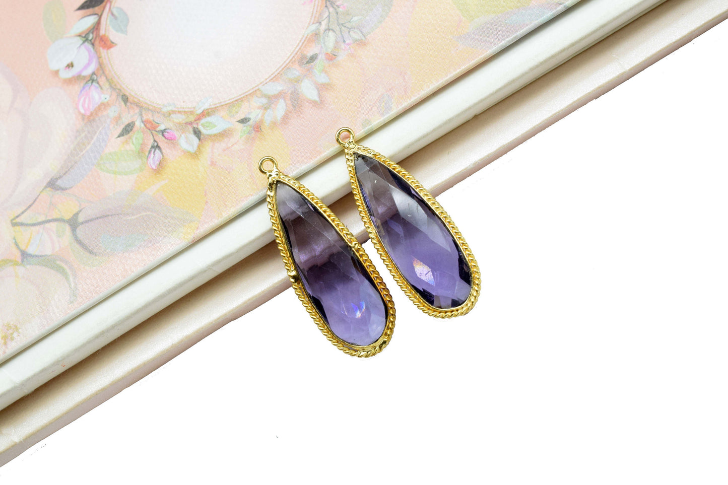 Amethyst Quartz Gemstone 10x30mm Teardrop Shape single bail connector,Amethyst charms Pendant Jewelry,Amethyst Gold Plating connectors,Gift