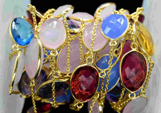 Multi Stone Gold Plated Gemstone Bezel Connector Chain,Gemstone Bezel Chain,Connector Link Chain,Multi Stone Bezels Jewelry,Oval Shape Chain