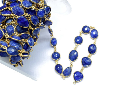 Blue Sapphire Faceted Bezel Connector, Sapphire Bezel Chain, Free Size Gemstone Connector, Jewelry Making Chain, Blue Sapphire Bezel Jewelry