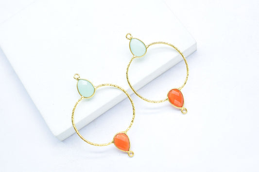 Multi Gemstone Double Bail Teardrop Bezel Connector,Carnelian Handmade Earring Connector,Gemstone Components,Aqua Chalcedony Bezel Connector
