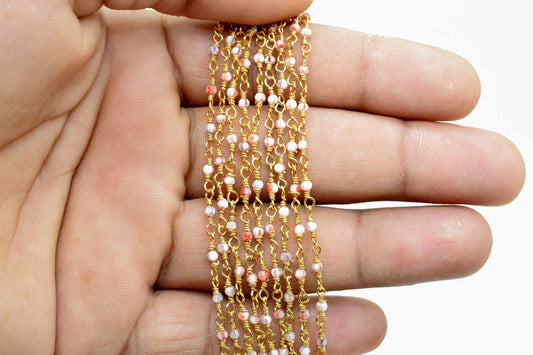 Pink Opal Rosary chain,Pink Opal beaded chain,Gemstone beaded chain,2mm beaded chain,Gold plated beaded chain,Opal rosary, beaded chain roll