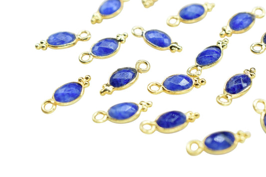 Gemstone Blue Sapphire Charms Connector/Handmade Jewelry/Gold Plated Connector/Tiny Pendant/Sapphire Pendant/Oval Shape Connector/B'day Gift