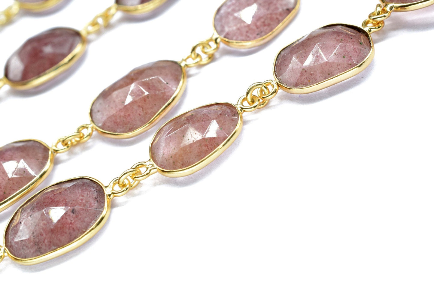 Pink Strawberry Faceted Connector,Gold Bezel Chain,Free Size Gemstone Connector,Station Handmade Bezel Link Chain,Pink Stawbery Jewelry,Gift