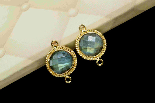 Labradorite 10mm Round Double Bail Connectors,Faceted Labradorite Gemstone Charms,Labradorite Bezels Charms,Round Shape Pendants Connectors