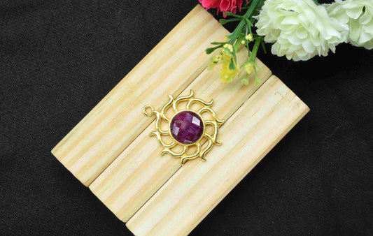 Ruby Gemstone Component, Single Bail Charm , Ruby Connector Pendant , Gold Plated Connectors , Earring Component , B'day Gift